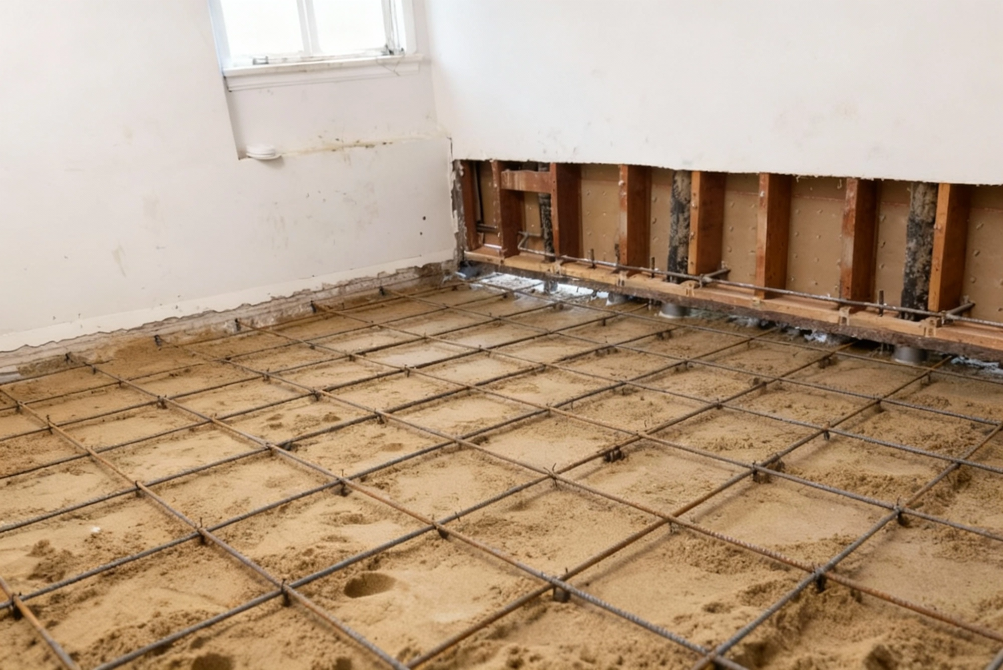 Construction workers leveling freshly poured concrete foundation slab during residential project