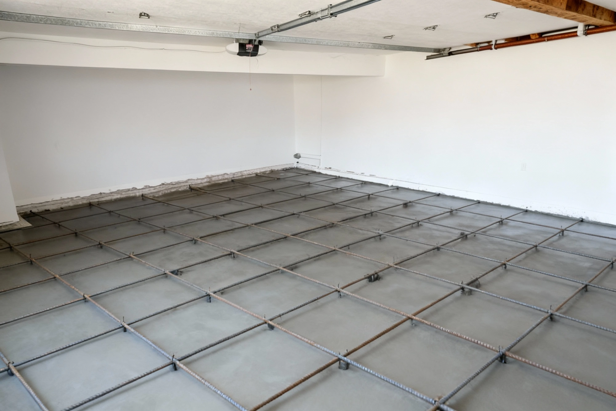 Concrete slab reinforcement with steel rebar grid prepared for foundation pour