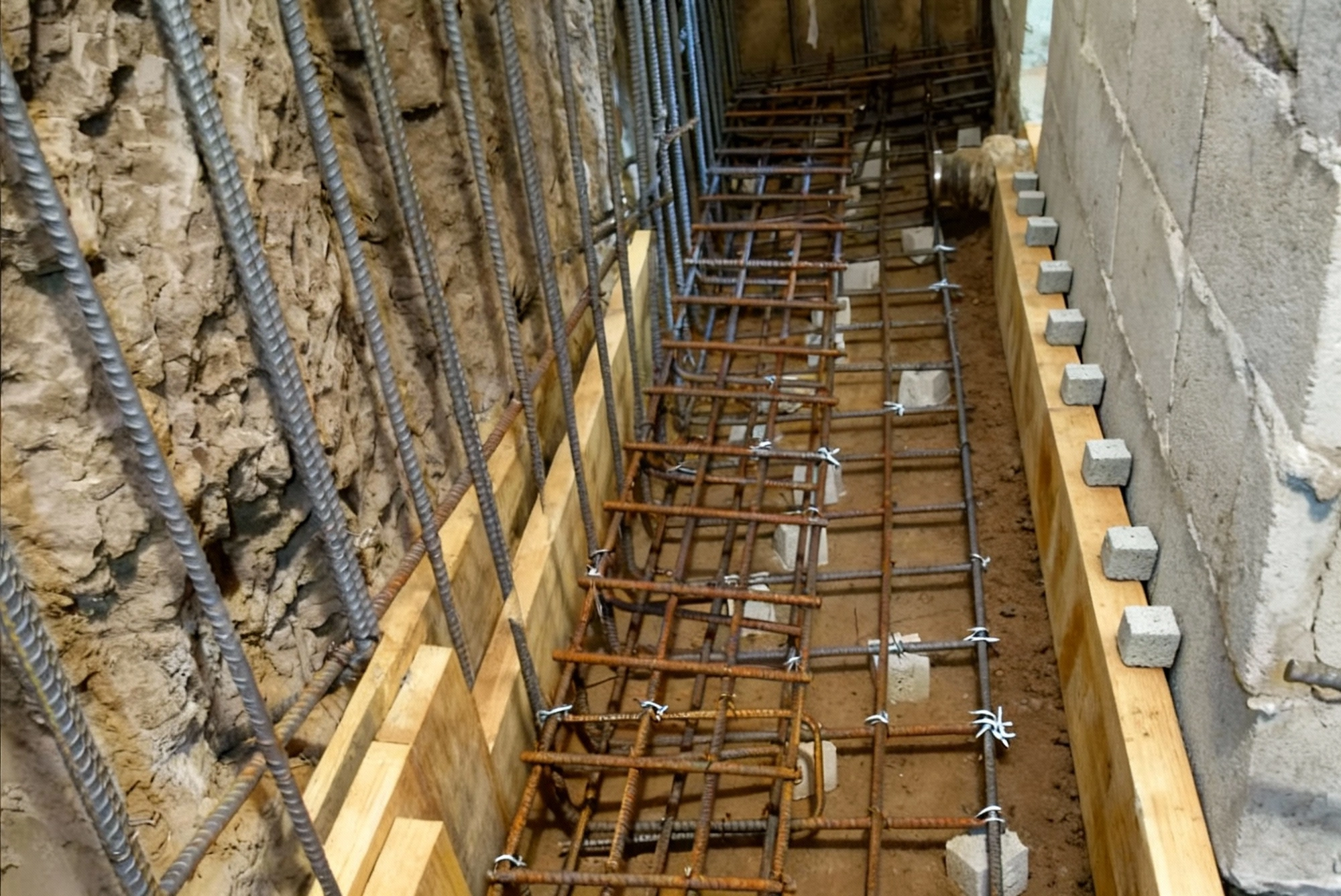 Workers pouring concrete into retaining wall formwork for foundation reinforcement