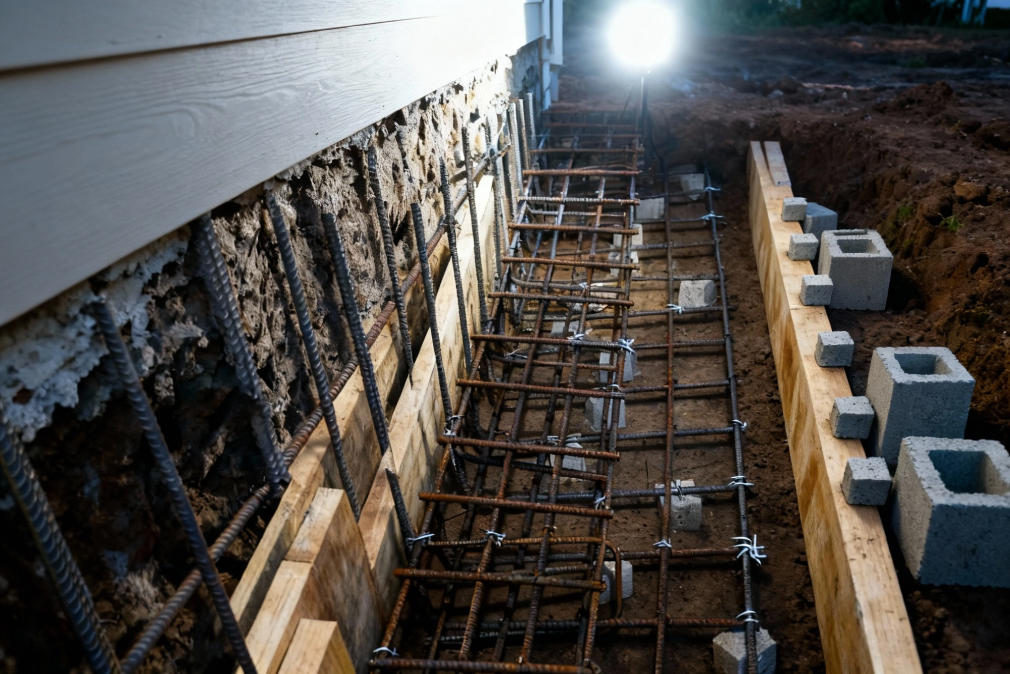 Structural retaining wall being built with reinforced steel and concrete foundation support.