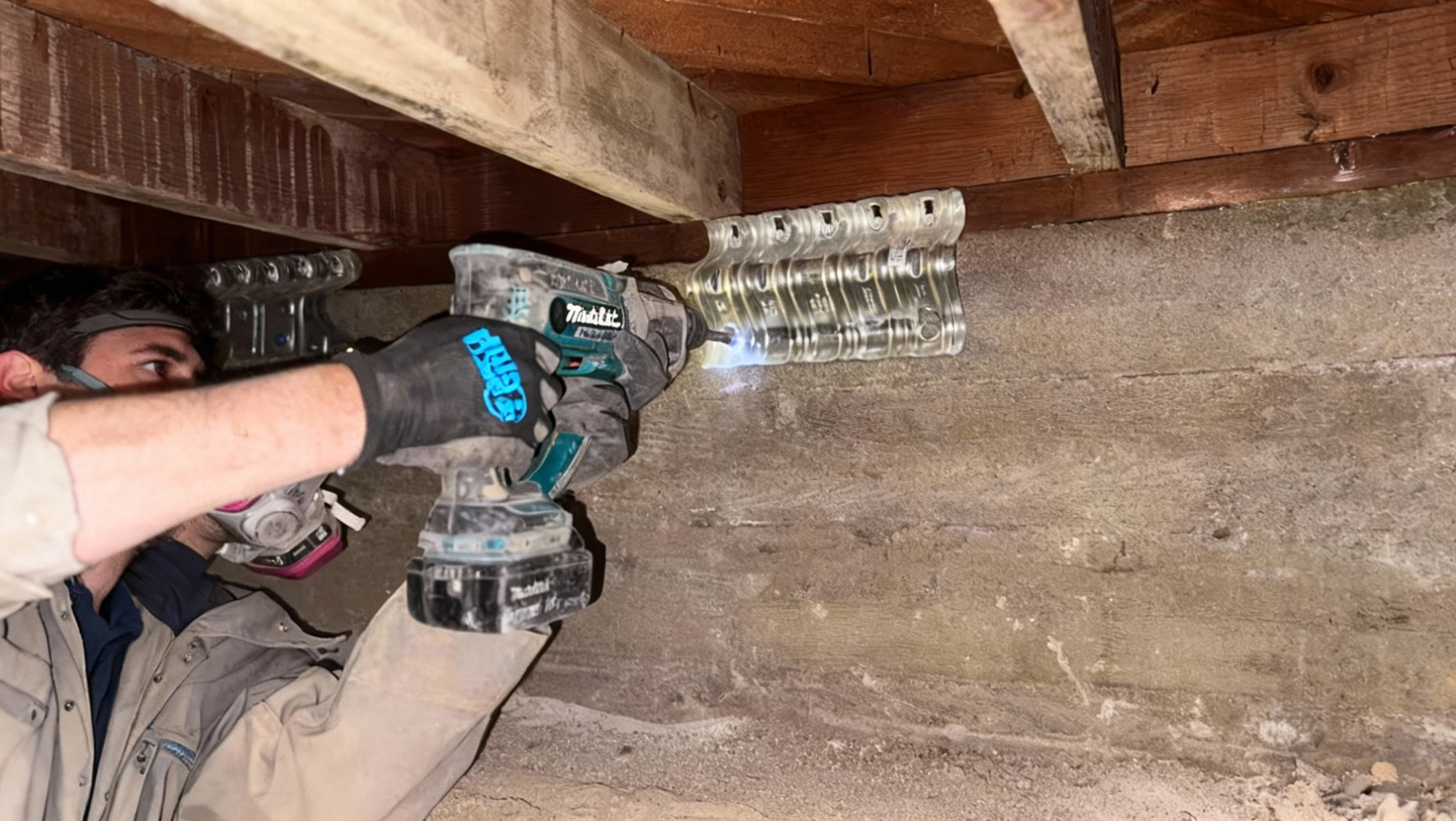 Worker installing seismic retrofit hardware under crawlspace for Los Angeles foundation reinforcement