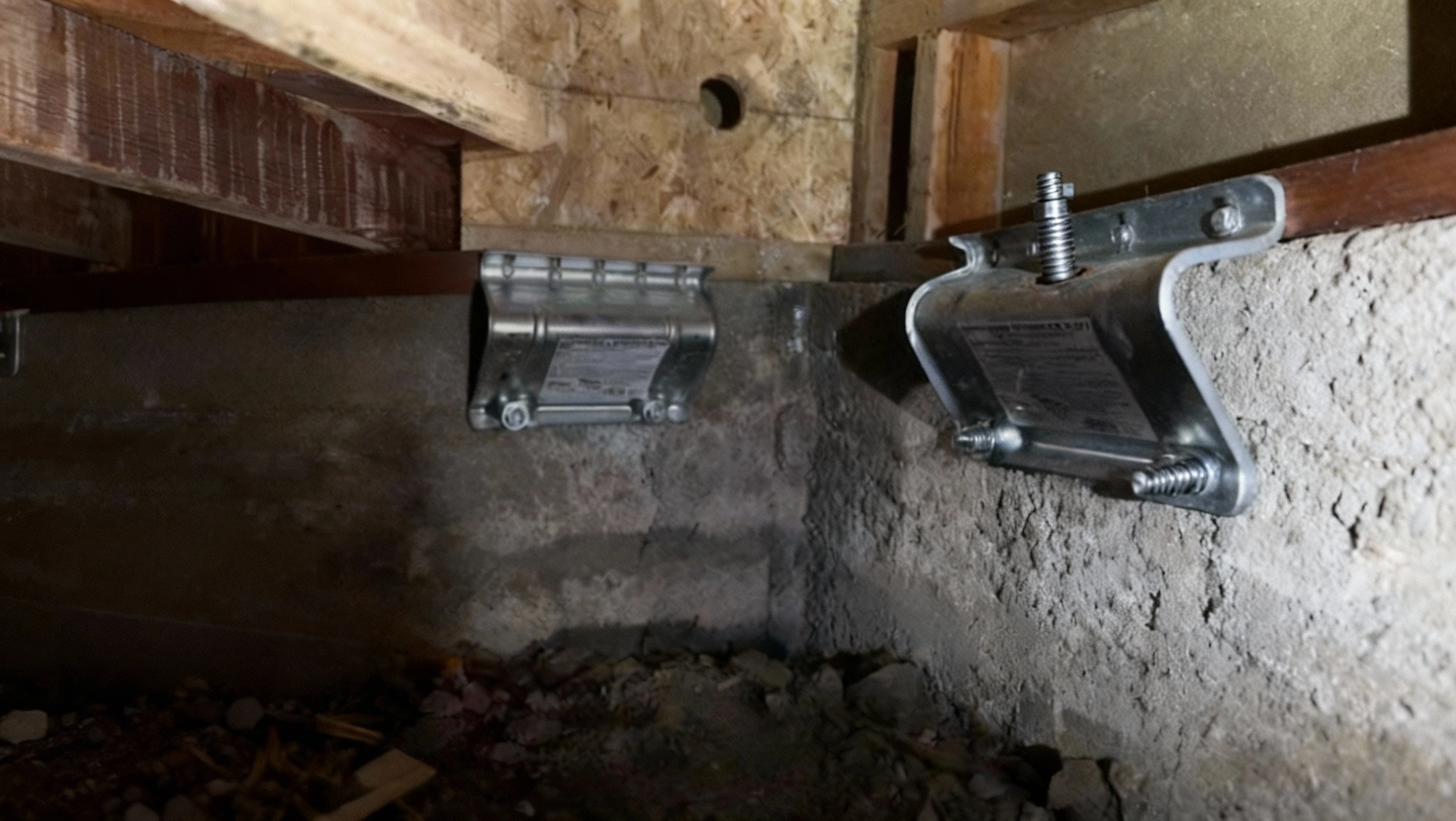 Seismic retrofit hardware installed along concrete foundation wall for earthquake safety