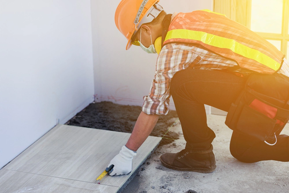 Interior view of exposed beams and columns during structural inspection of a soft-story building