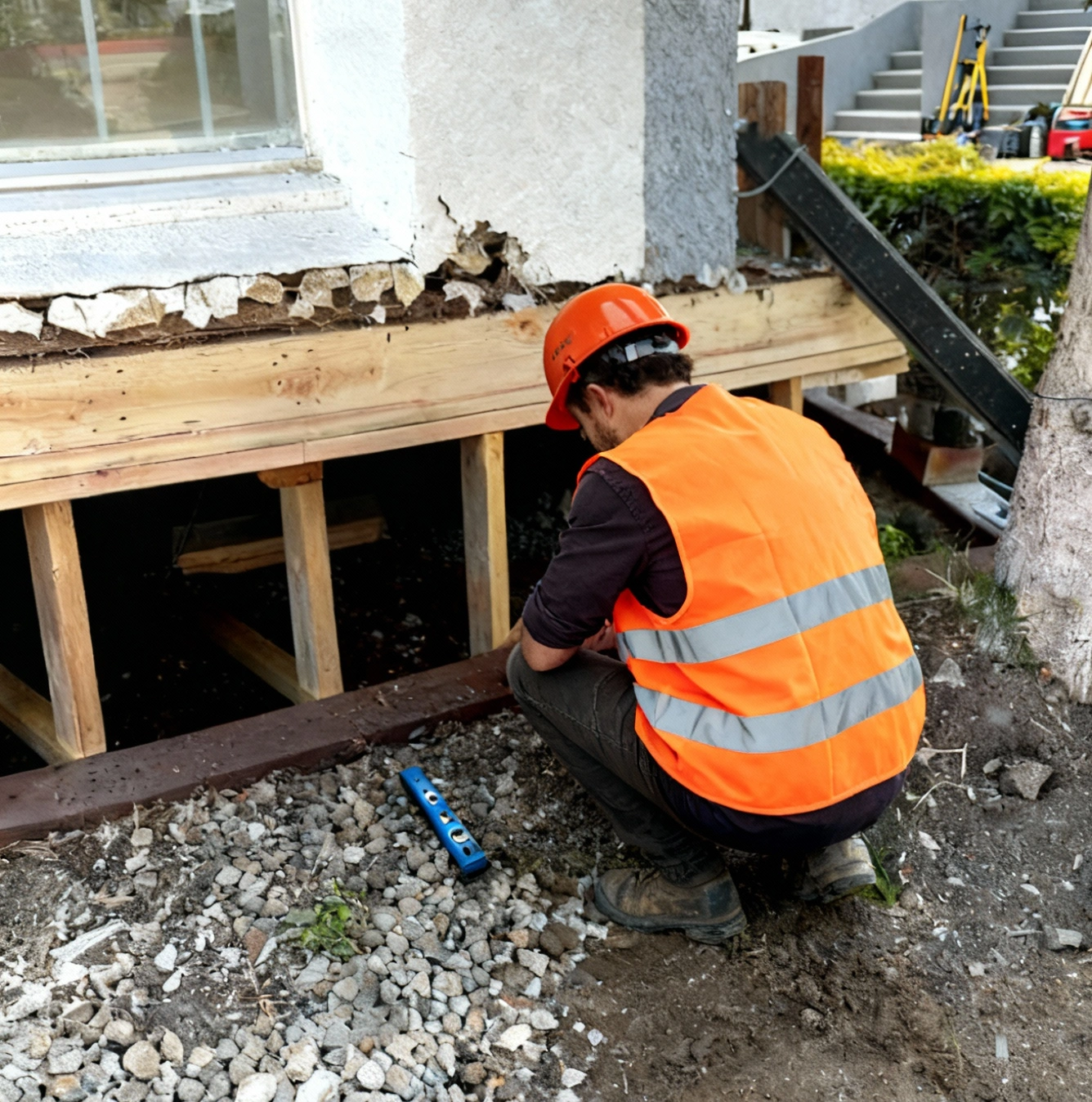 Construction worker installing overhead framing during interior structural repair inspection
