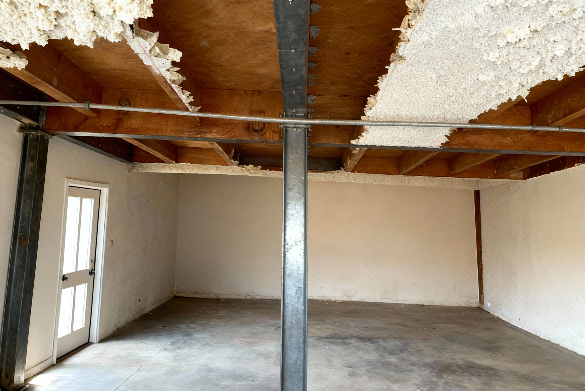 Soft-story retrofit inspection with workers measuring and preparing damaged lower-level structure