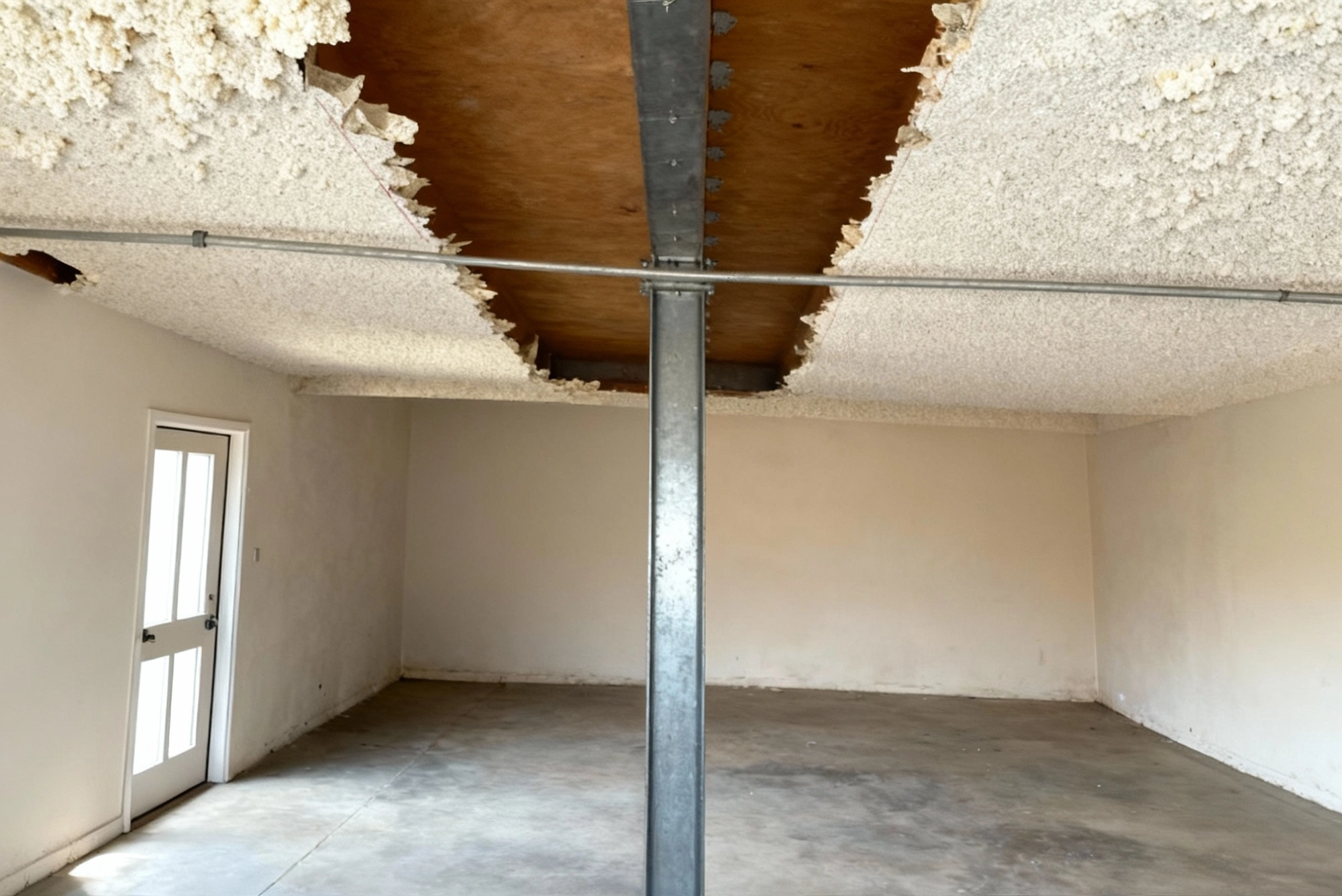 Interior view of soft-story building with exposed beams ready for retrofit steel installation