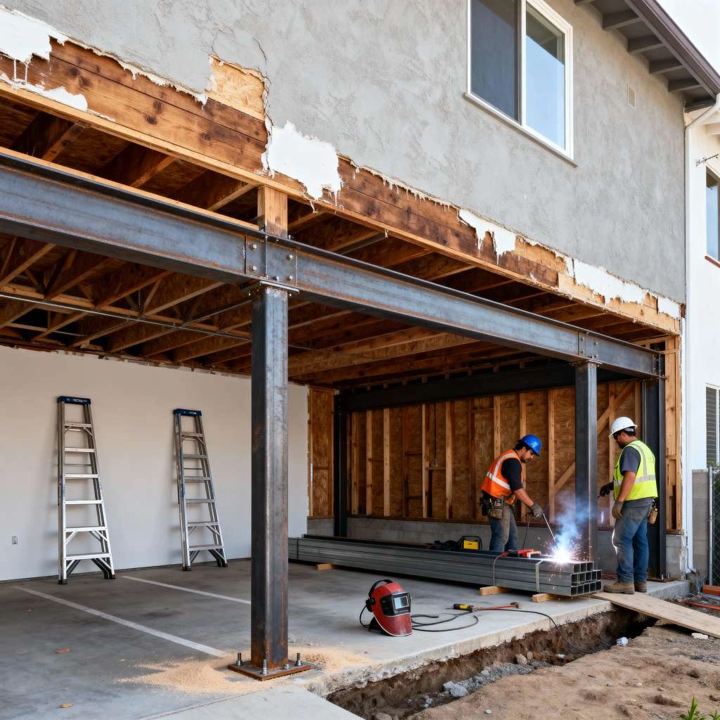 Structural reinforcement project with steel beams and ladders positioned for soft-story retrofit work